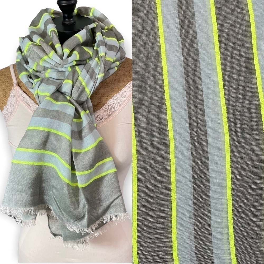 Ann Taylor Neon Green & Gray stripe lightweight scarf wrap raw edge fringe‌‌‌‌‌‌